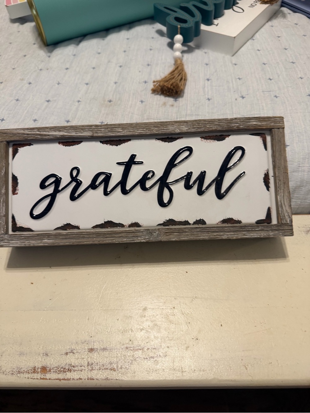 Grateful Sign - Navy Script on White with Rustic Wood Frame